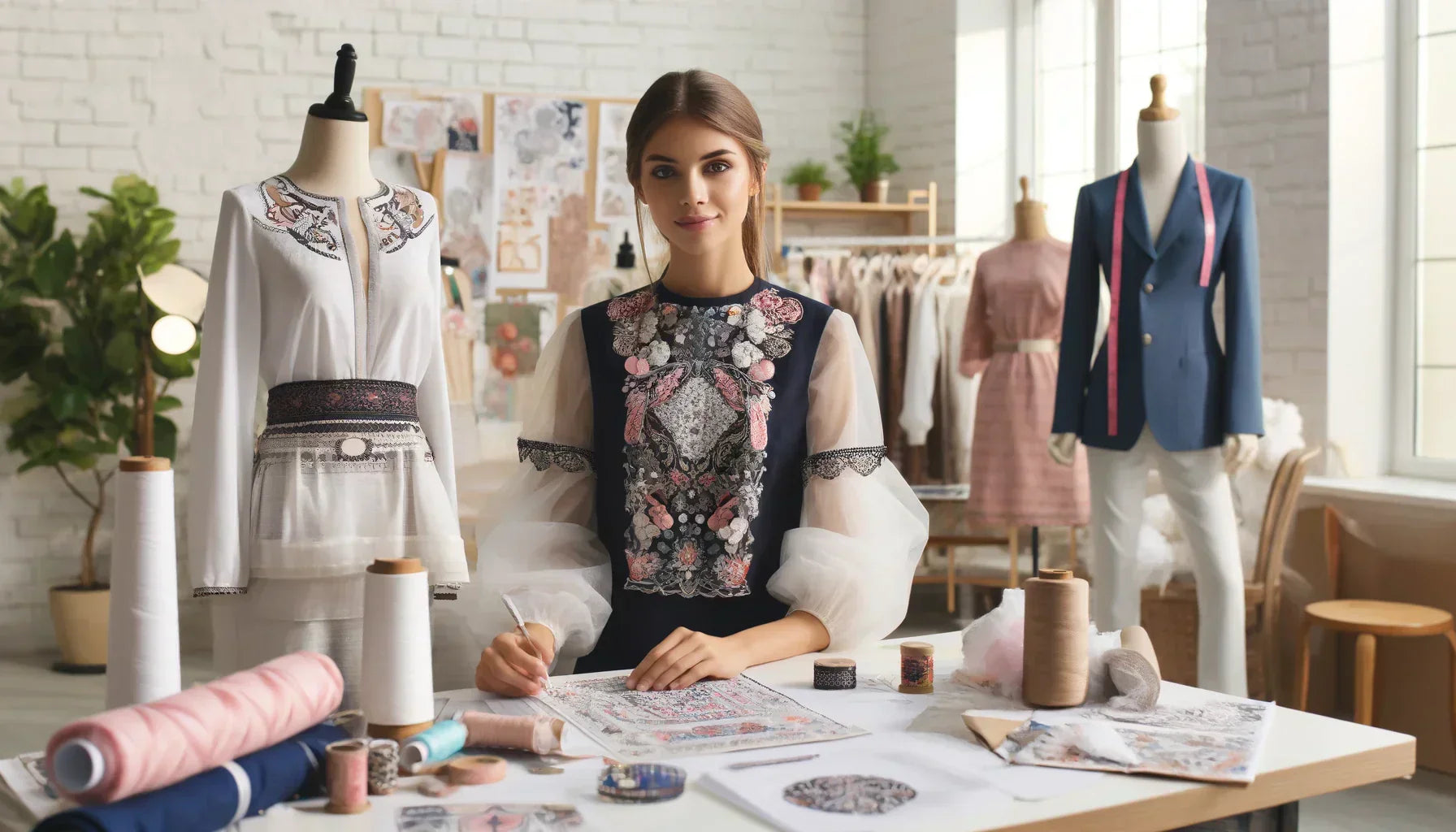 A young fashion designer working in a studio, showcasing cotton custom clothing trends. A young fashion designer working in a studio, showcasing cotton custom clothing trends.