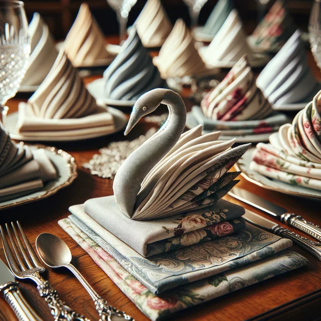 Here is an image featuring a variety of elegant cloth napkins arranged on a wooden dining table. The napkins are creatively folded in different shapes and feature various patterns, complemented by a luxurious dining setting. Here is an image featuring a variety of elegant cloth napkins arranged on a wooden dining table. The napkins are creatively folded in different shapes and feature various patterns, complemented by a luxurious dining setting.