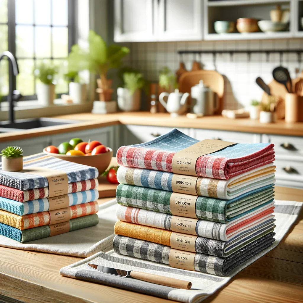 Colorful Dish Towels on Kitchen Counter: A set of colorful dish towels neatly folded on a kitchen counter. The dish towels are made of high-quality cotton and feature various patterns such as stripes, checks, and solids. Colorful Dish Towels on Kitchen Counter: A set of colorful dish towels neatly folded on a kitchen counter. The dish towels are made of high-quality cotton and feature various patterns such as stripes, checks, and solids.