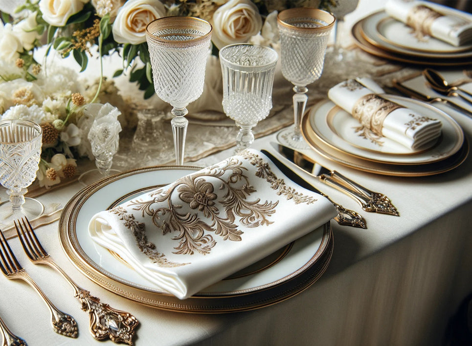 White napkins folded and placed on placemats for a fine dining experience. White napkins folded and placed on placemats for a fine dining experience.