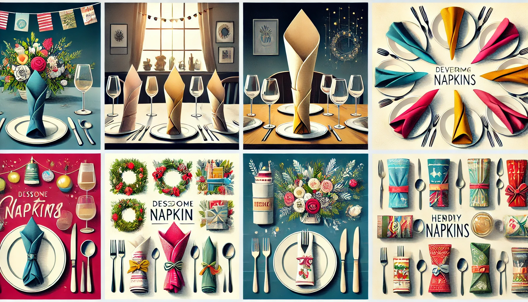 A beautifully set dining table with elegant cloth napkins folded into intricate designs A beautifully set dining table with elegant cloth napkins folded into intricate designs