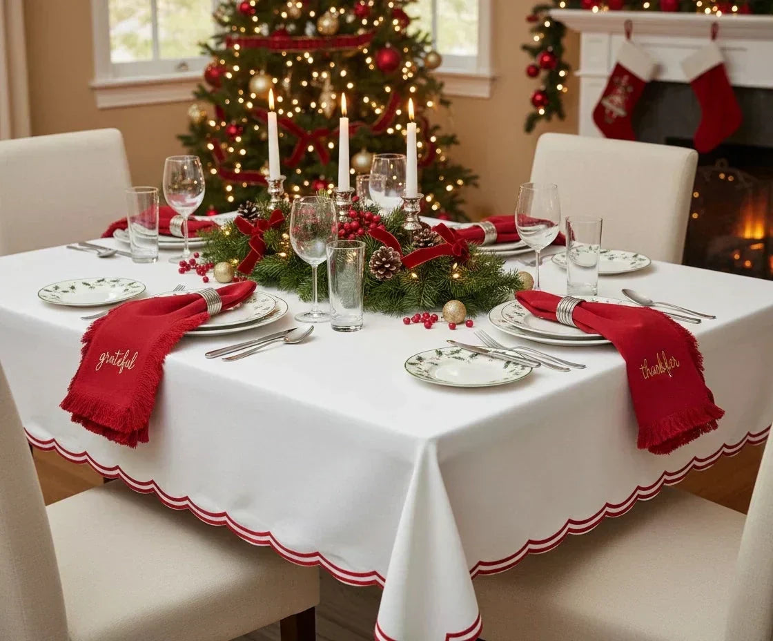 Decorated formal dinner table with red and white tablecloth, candles, and a Christmas tree in the background. Decorated formal dinner table with red and white tablecloth, candles, and a Christmas tree in the background.