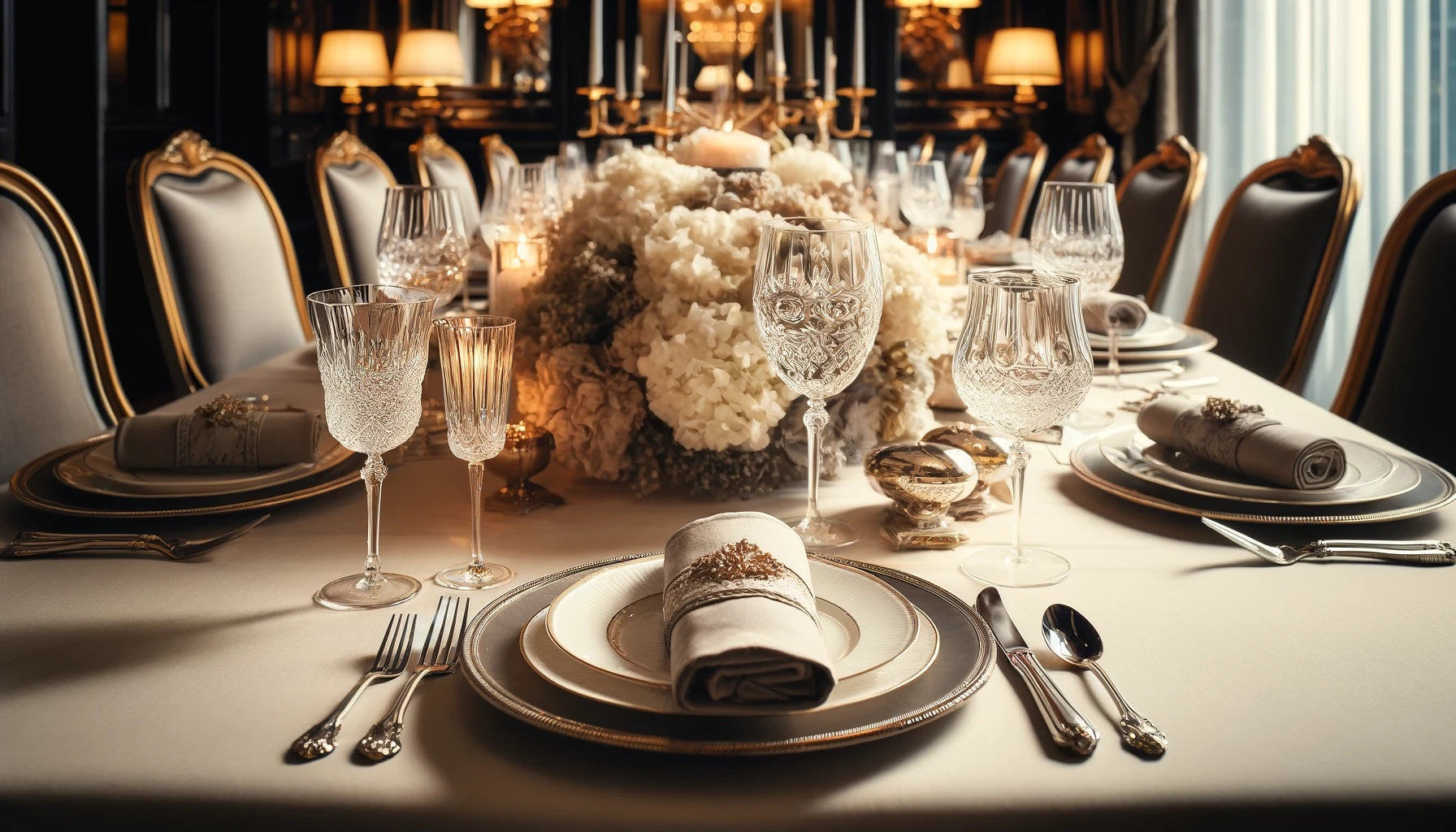A luxurious dining table setup with elegant tableware, including fine china, polished silverware, crystal glasses. A luxurious dining table setup with elegant tableware, including fine china, polished silverware, crystal glasses.