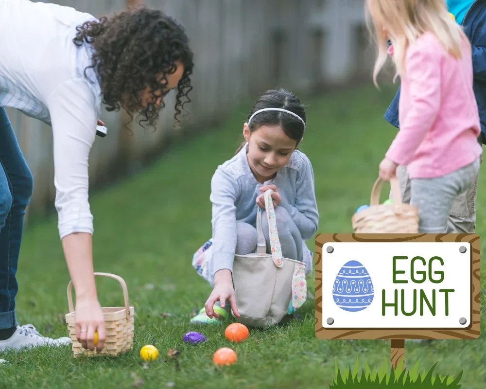 Children and adults participating in an Easter egg hunt outdoors. Children and adults participating in an Easter egg hunt outdoors.