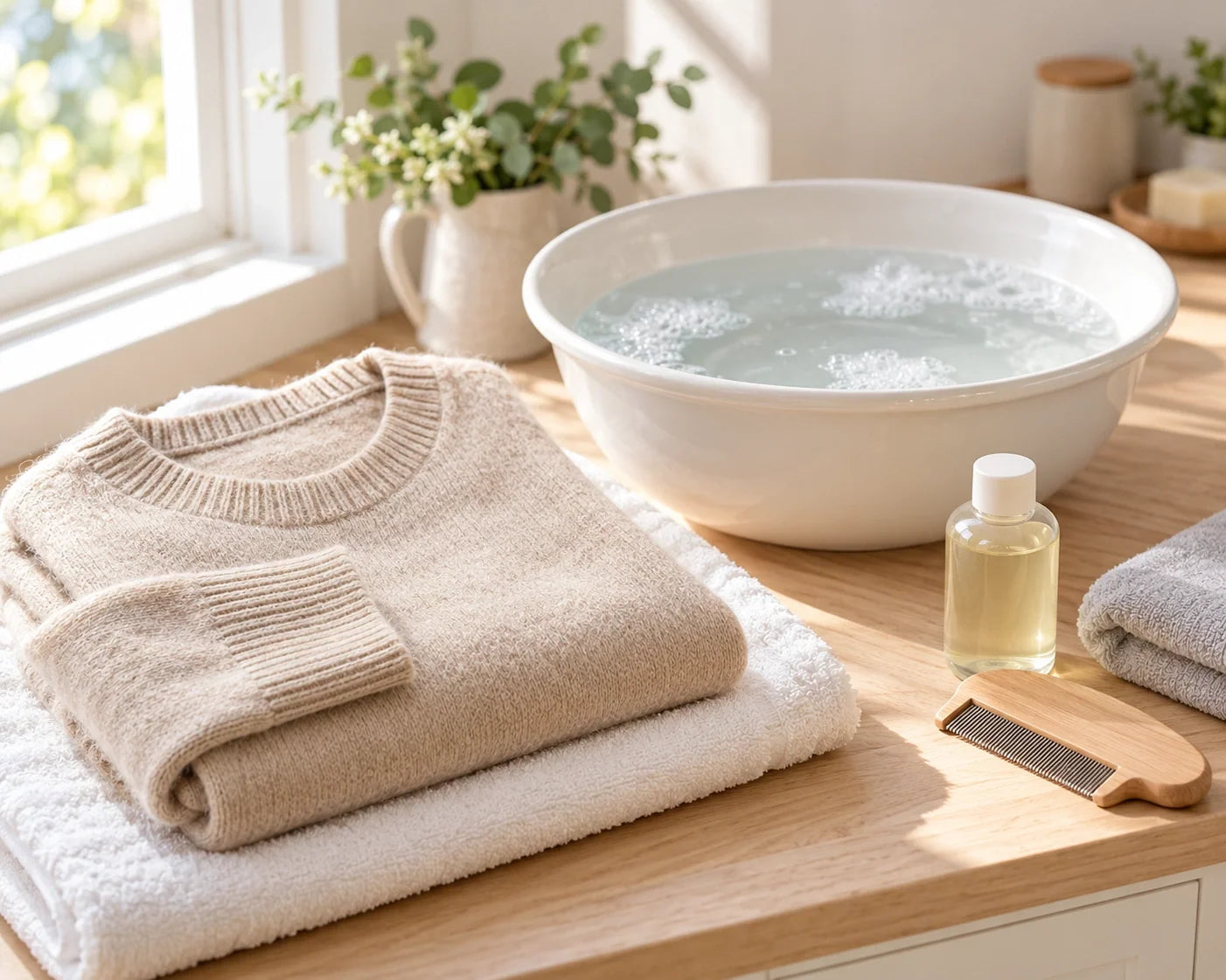 Beige cashmere sweater ready for hand washing on a wooden counter with a water basin, mild wool wash, and comb Beige cashmere sweater ready for hand washing on a wooden counter with a water basin, mild wool wash, and comb