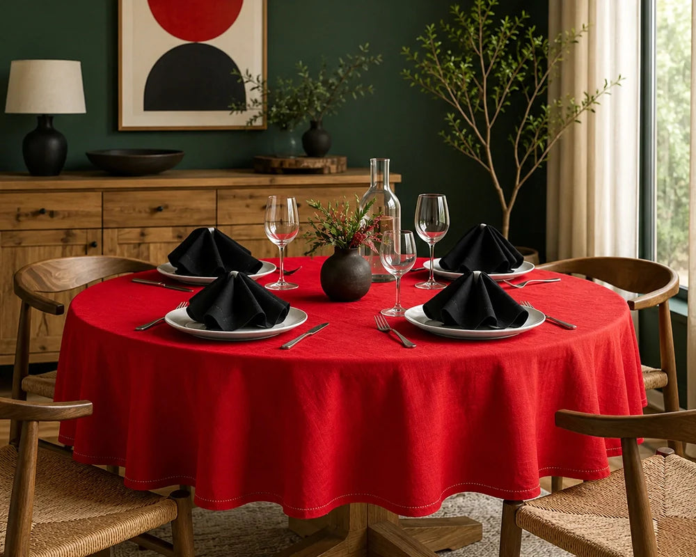Juneteenth dining table decoration with red tablecloth, black napkins, and wine glasses in a cozy room for Juneteenth celebration. Juneteenth dining table decoration with red tablecloth, black napkins, and wine glasses in a cozy room for Juneteenth celebration.