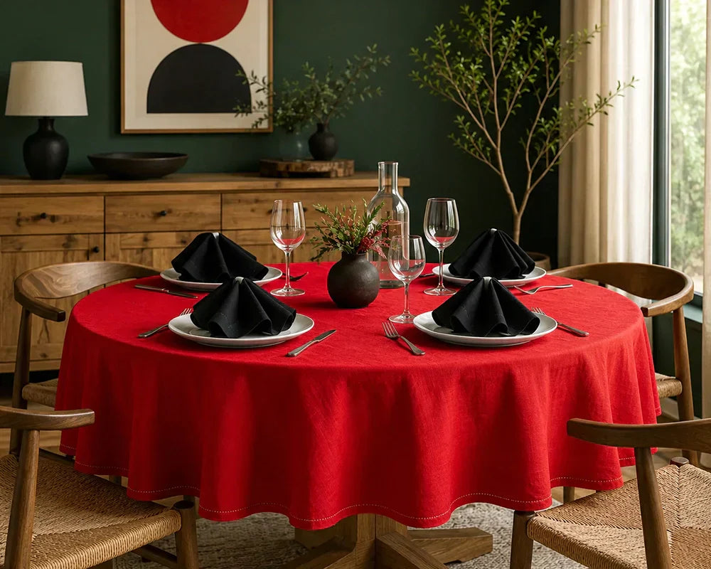 Juneteenth dining table decoration with red tablecloth, black napkins, and wine glasses in a cozy room for Juneteenth celebration. Juneteenth dining table decoration with red tablecloth, black napkins, and wine glasses in a cozy room for Juneteenth celebration.