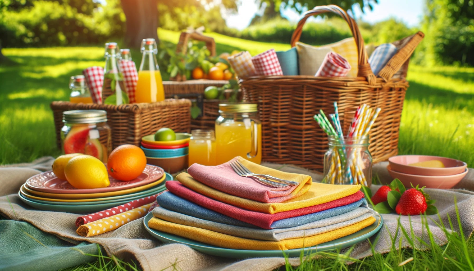 Cozy outdoor picnic with linen napkins in vibrant colors. linen napkins in earthy tones set on a rustic dining table. Cozy outdoor picnic with linen napkins in vibrant colors. linen napkins in earthy tones set on a rustic dining table.