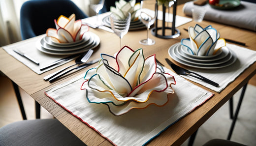 A set of white cloth napkins with colorful edges, arranged artistically on a modern dining table. A set of white cloth napkins with colorful edges, arranged artistically on a modern dining table.