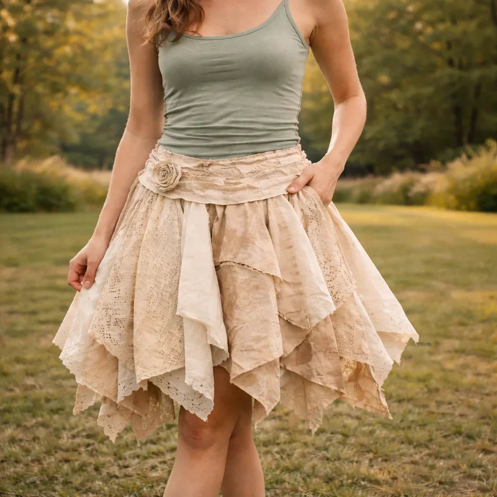 Woman wearing a layered beige napkin skirt with a green top in a park setting Woman wearing a layered beige napkin skirt with a green top in a park setting