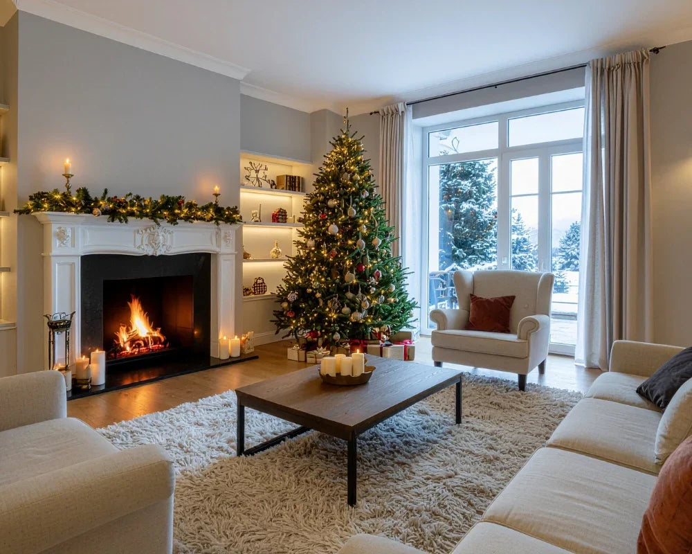 Living room with a Natural Christmas tree, fireplace, and festive decorations. Living room with a Natural Christmas tree, fireplace, and festive decorations.