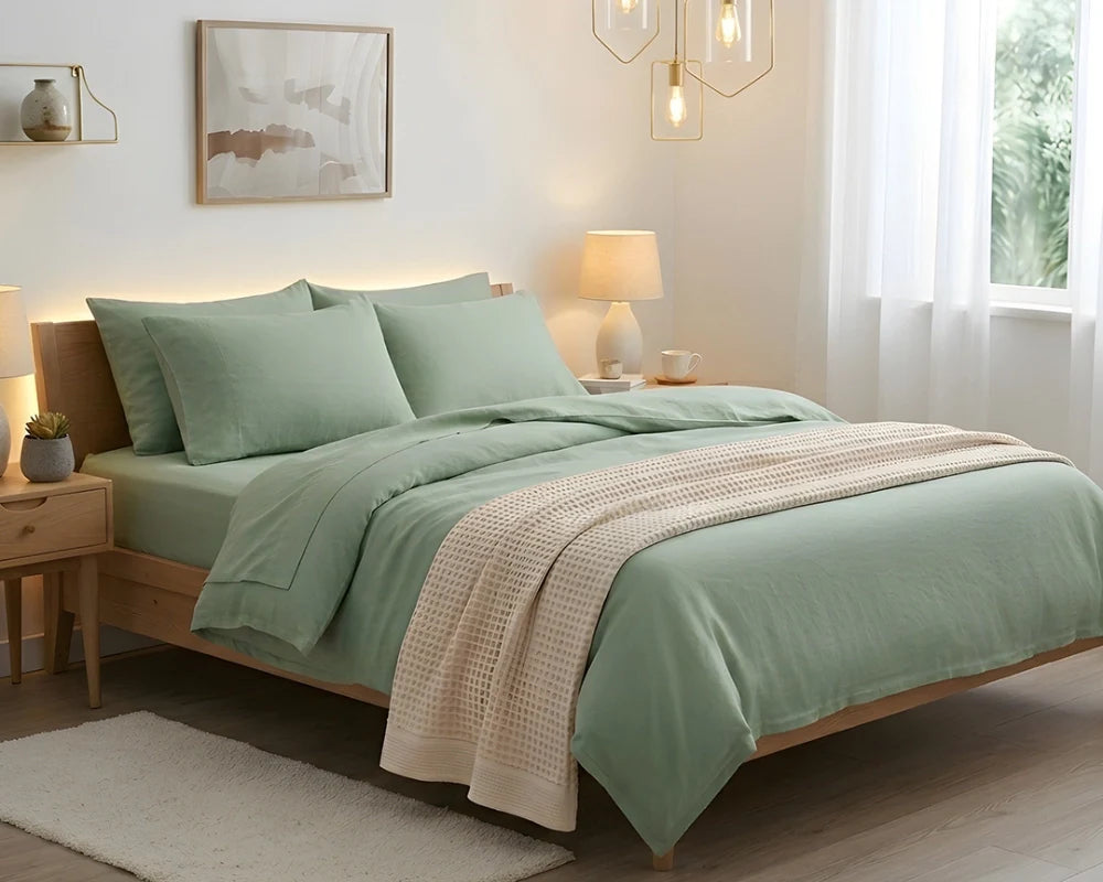 Bedroom with a naturally made bed featuring green bedding and a beige blanket. Bedroom with a naturally made bed featuring green bedding and a beige blanket.