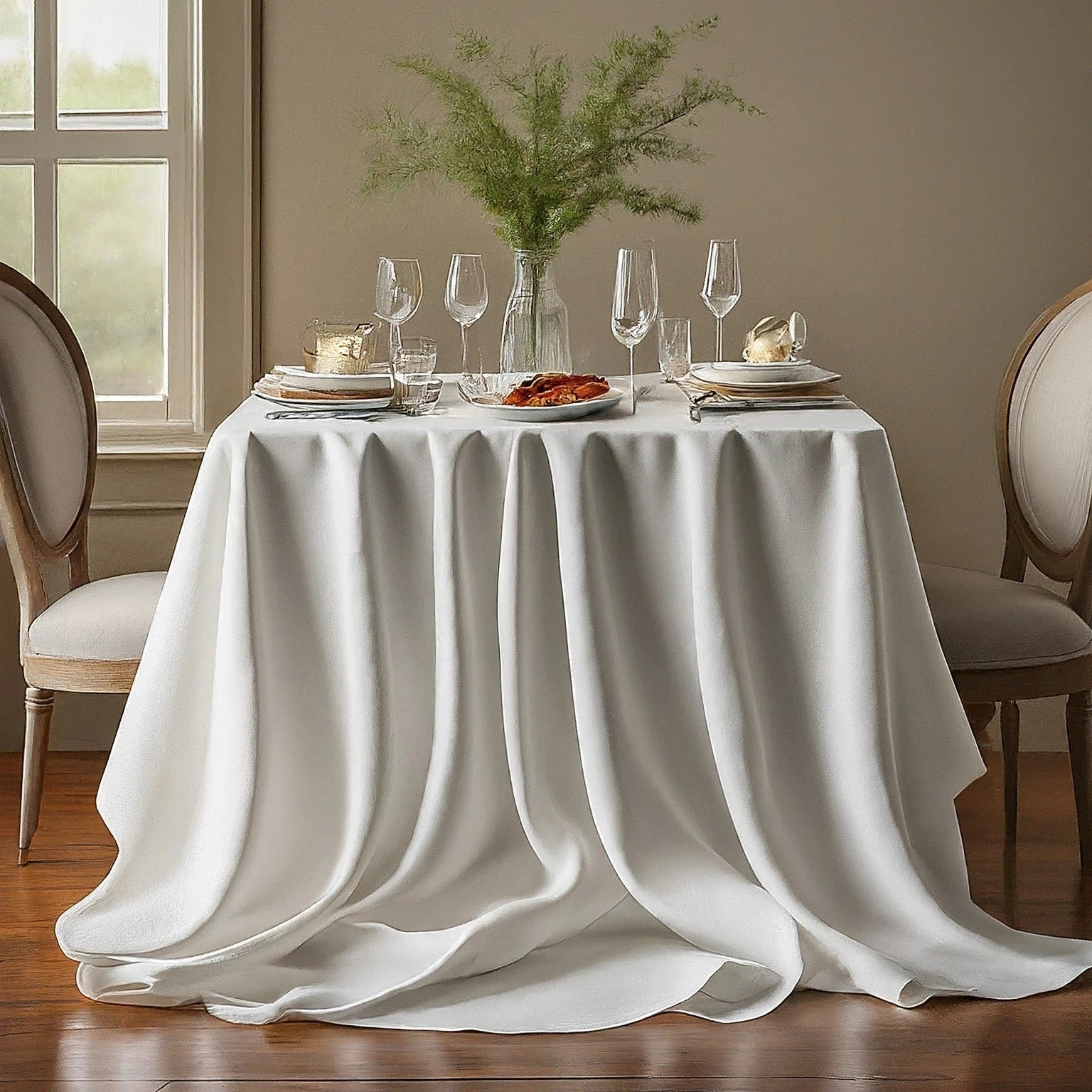 A pristine white tablecloth drapes over a wooden dining table, creating an elegant and minimalist table setting. A pristine white tablecloth drapes over a wooden dining table, creating an elegant and minimalist table setting.
