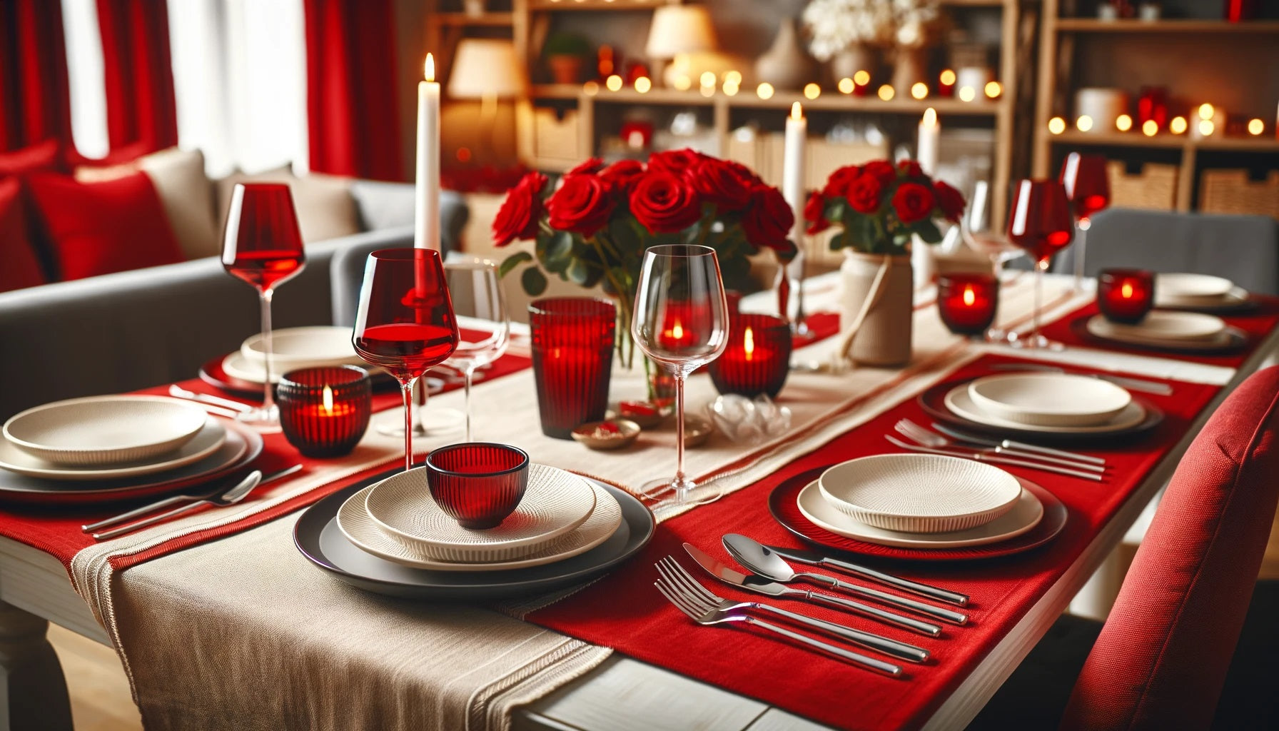 A stylish dining table set with red cotton placemats, white plates, silver cutlery, and red wine glasses. A stylish dining table set with red cotton placemats, white plates, silver cutlery, and red wine glasses.