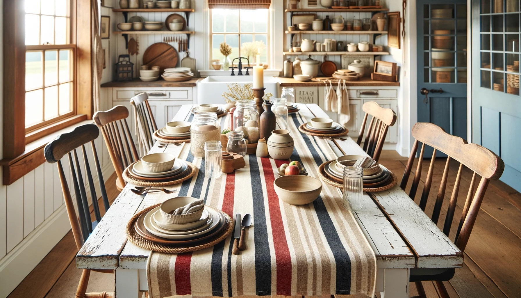 Country striped farmhouse table runner on a white rustic wooden table with bold stripes in red, navy, beige, and cream, complemented by wooden serveware, ceramic dishes, and mason jar centerpieces in a quaint farmhouse kitchen setting Country striped farmhouse table runner on a white rustic wooden table with bold stripes in red, navy, beige, and cream, complemented by wooden serveware, ceramic dishes, and mason jar centerpieces in a quaint farmhouse kitchen setting