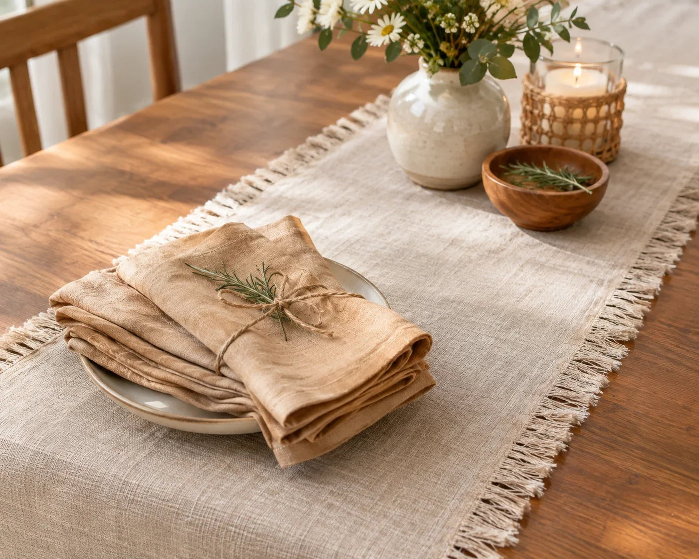 Fringed linen table runner with tea-dyed cotton napkins Fringed linen table runner with tea-dyed cotton napkins