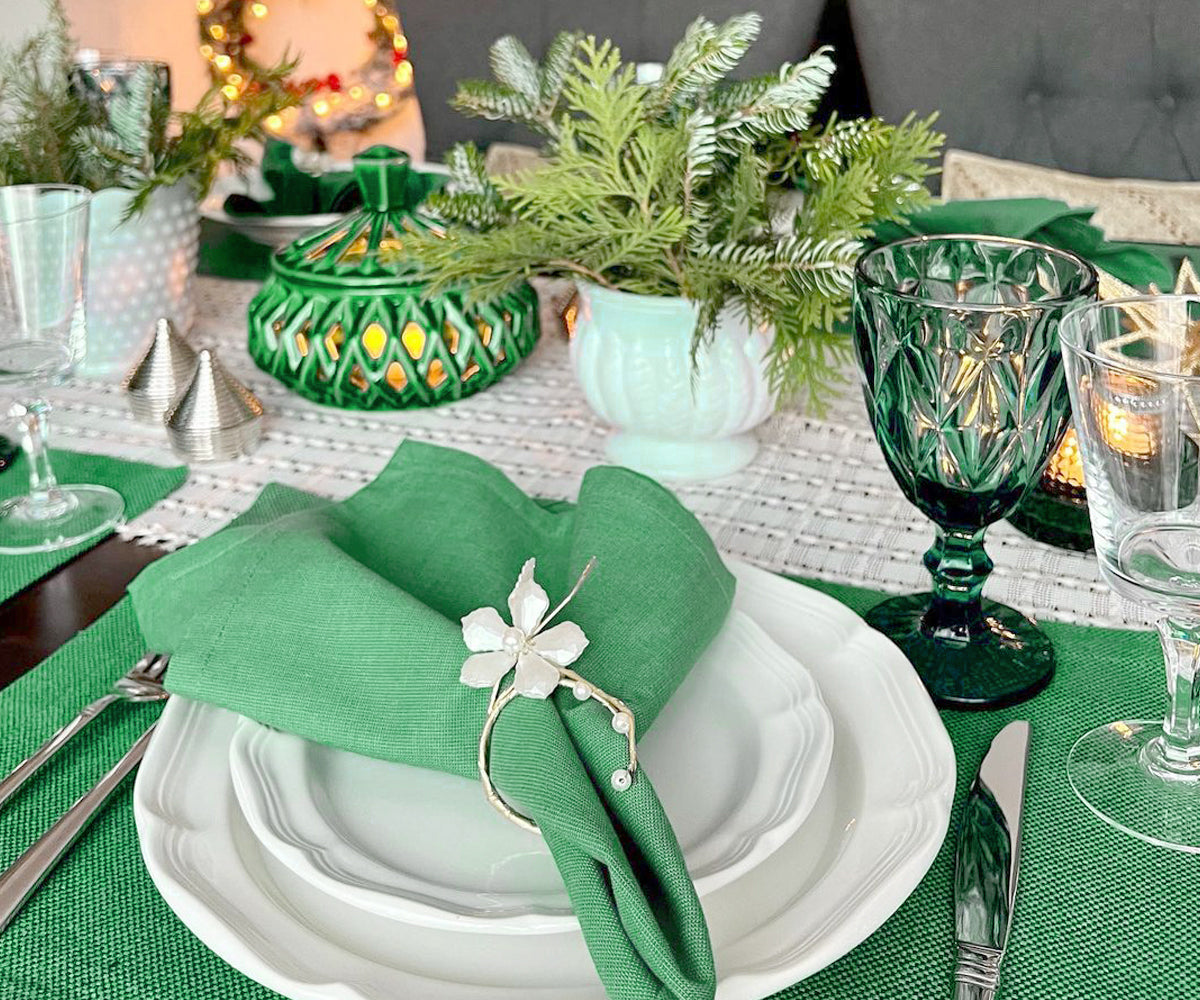 Teal and green cotton napkins for a fresh spring table decor setting Teal and green cotton napkins for a fresh spring table decor setting