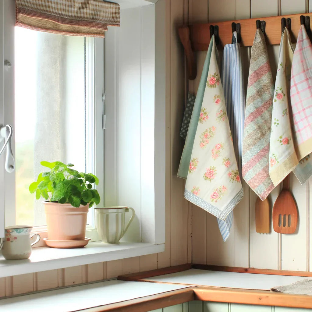 A small and cozy farmhouse-style kitchen corner. Pretty kitchen towels hang on a wooden peg rail, with some folded neatly on a small shelf. A small and cozy farmhouse-style kitchen corner. Pretty kitchen towels hang on a wooden peg rail, with some folded neatly on a small shelf.