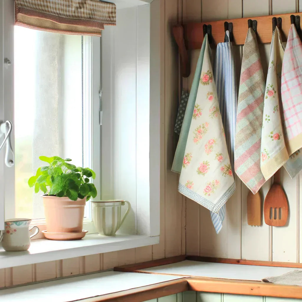 A small and cozy farmhouse-style kitchen corner. Pretty kitchen towels hang on a wooden peg rail, with some folded neatly on a small shelf. A small and cozy farmhouse-style kitchen corner. Pretty kitchen towels hang on a wooden peg rail, with some folded neatly on a small shelf.