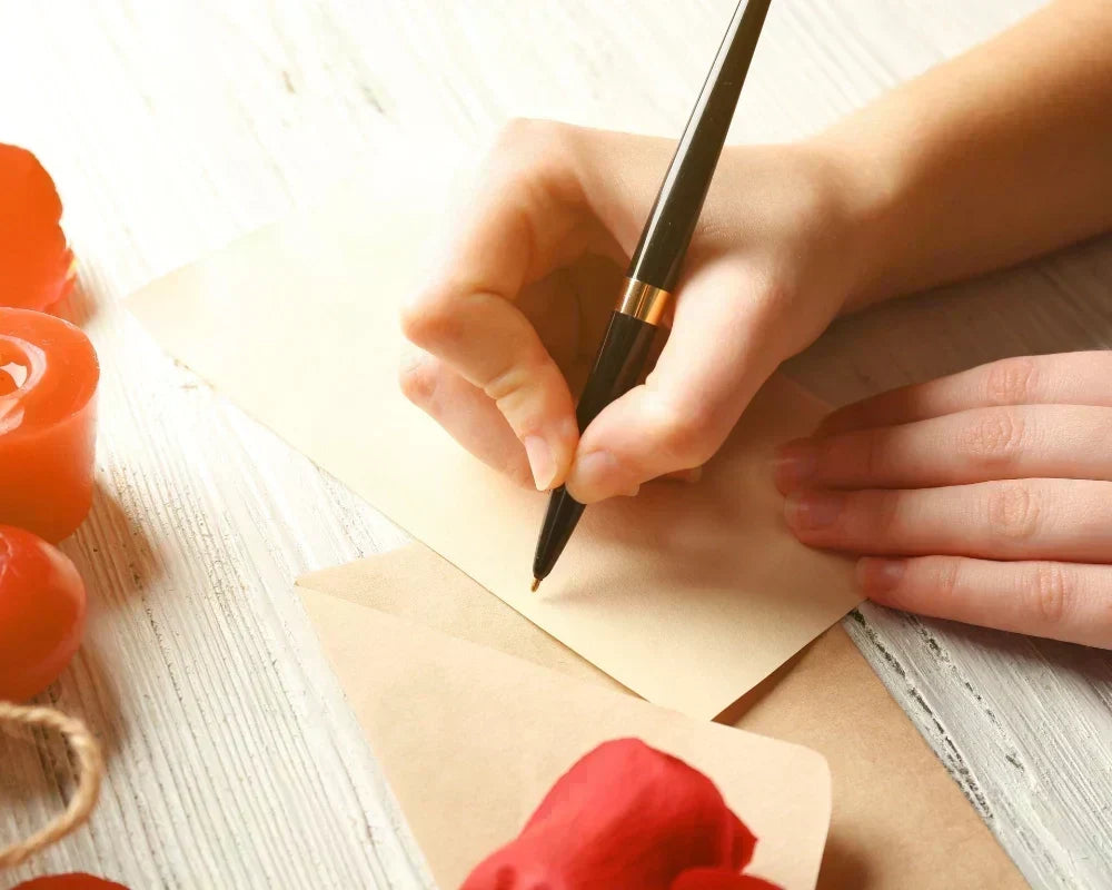 Writing a heartfelt wedding card message with pen and envelope Writing a heartfelt wedding card message with pen and envelope