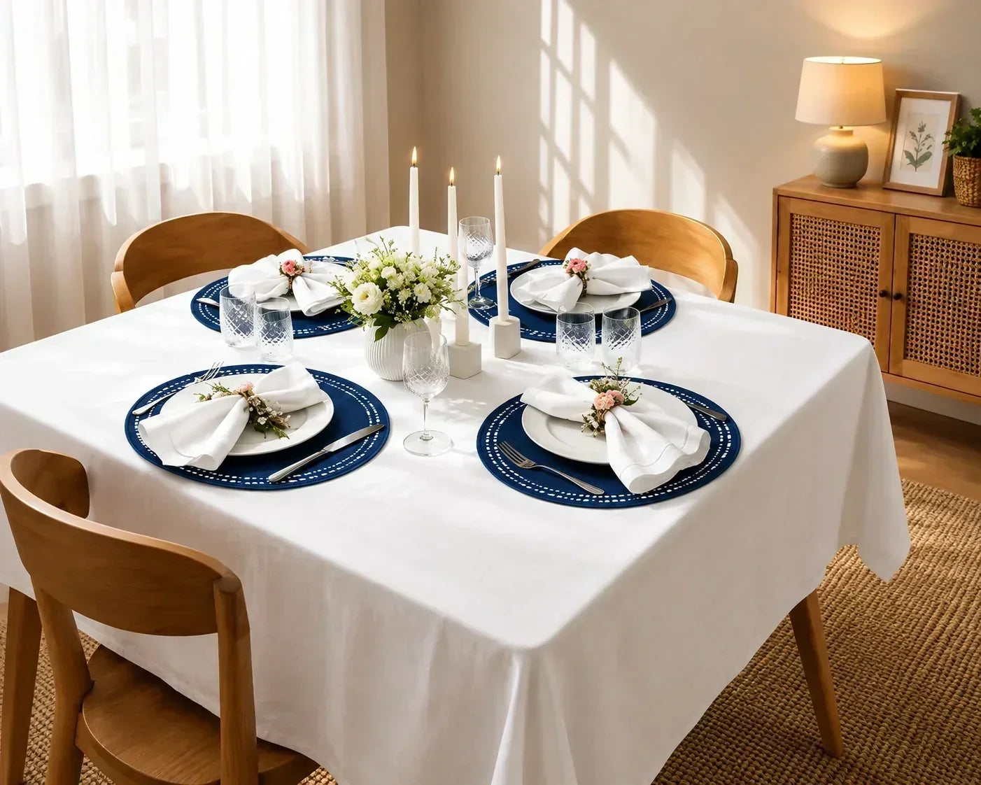 White tablecloth with blue round placemats on a dining table showing standard placemat size and layout. White tablecloth with blue round placemats on a dining table showing standard placemat size and layout.