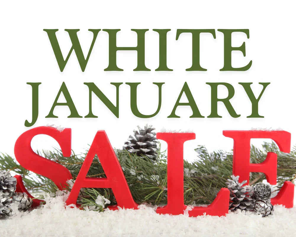 Promotional graphic for 'White January Sale' with red letters and Christmas decorations on a white background. Promotional graphic for 'White January Sale' with red letters and Christmas decorations on a white background.