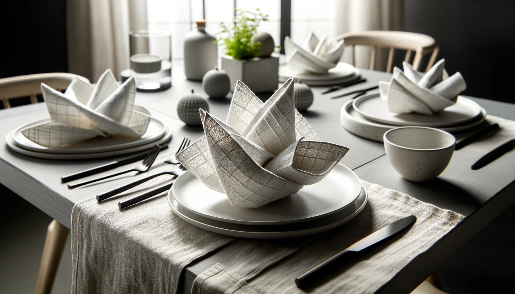 A set of table napkins made from checked linen, neatly folded and arranged on a rustic wooden table. A set of table napkins made from checked linen, neatly folded and arranged on a rustic wooden table.