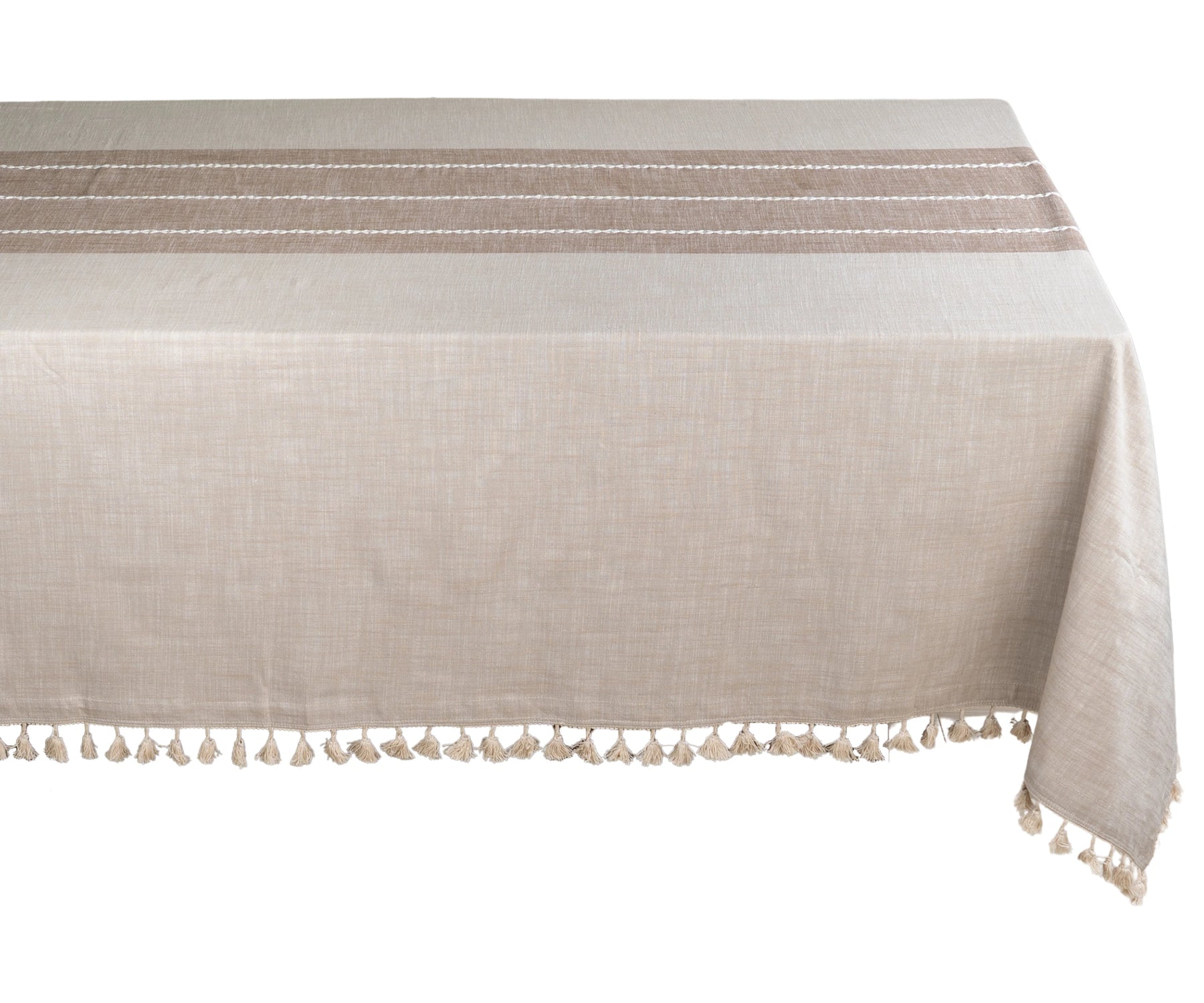 Striped tablecloth with tassel accents, perfect for adding a stylish touch to your dining table Striped tablecloth with tassel accents, perfect for adding a stylish touch to your dining table