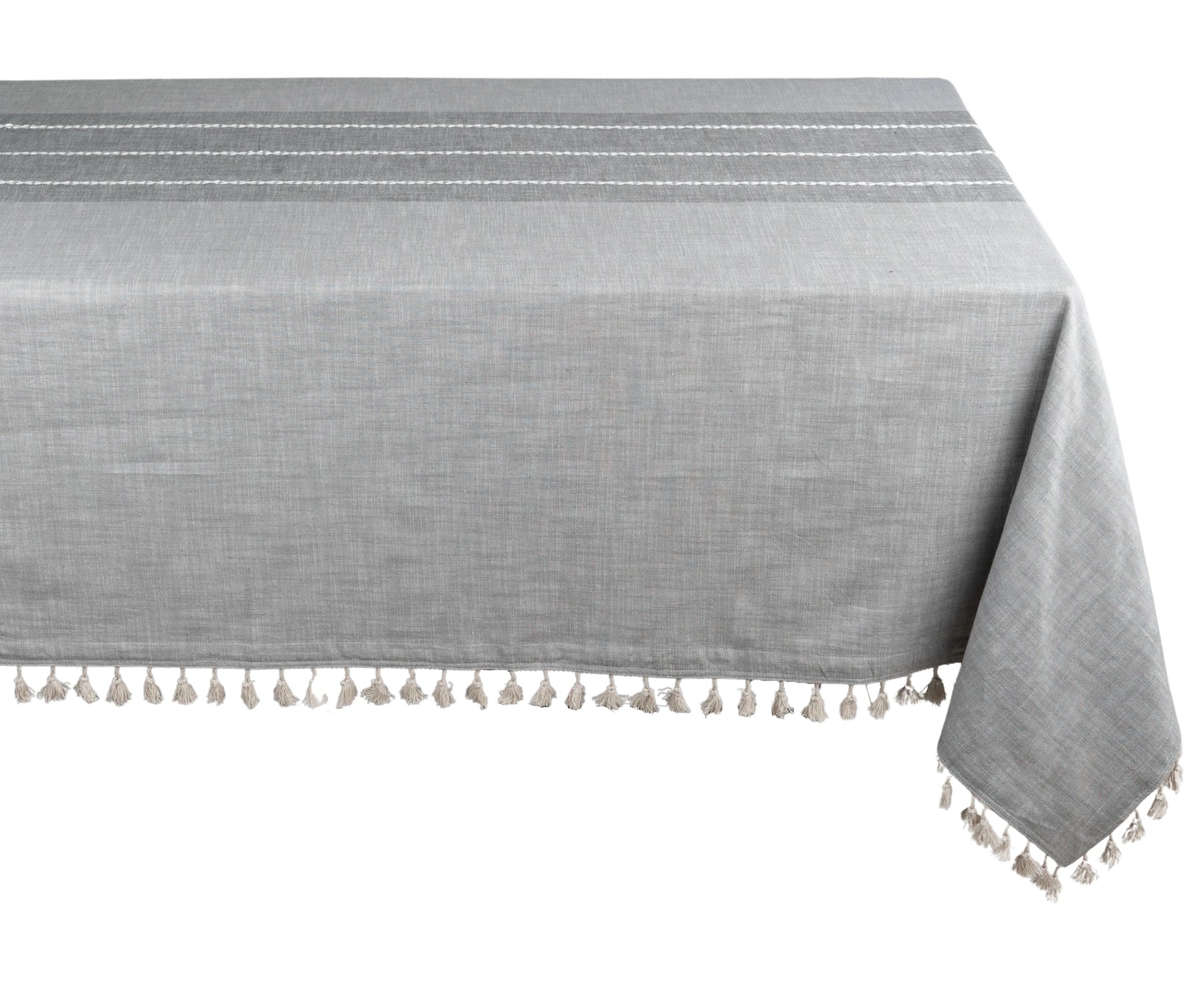 Elegant tassel-striped cotton tablecloth, ideal for casual meals or festive gatherings. Elegant tassel-striped cotton tablecloth, ideal for casual meals or festive gatherings.