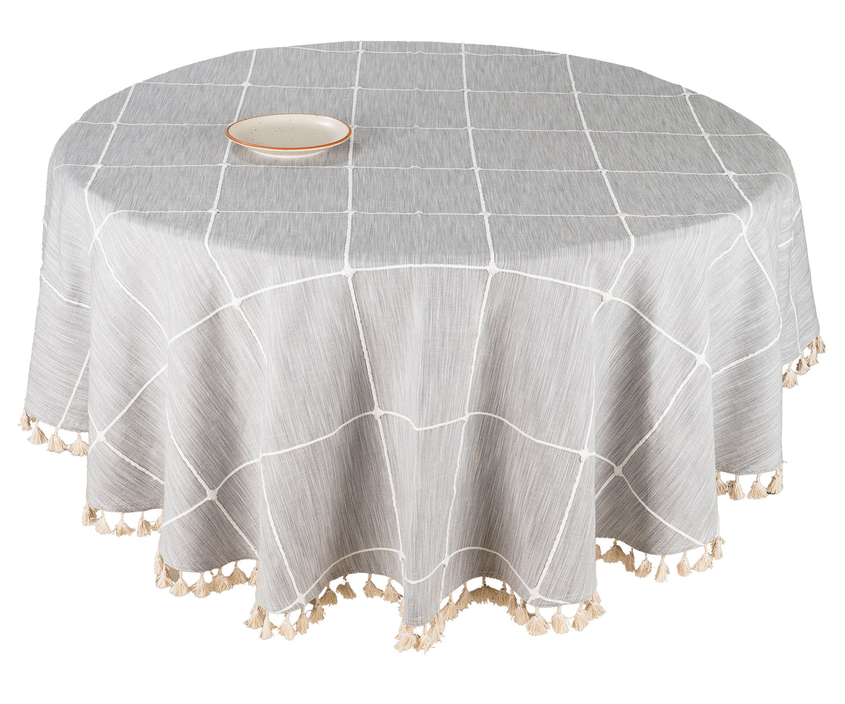 A round tablecloth with gold accents, bringing a touch of luxury to special events. A round tablecloth with gold accents, bringing a touch of luxury to special events.