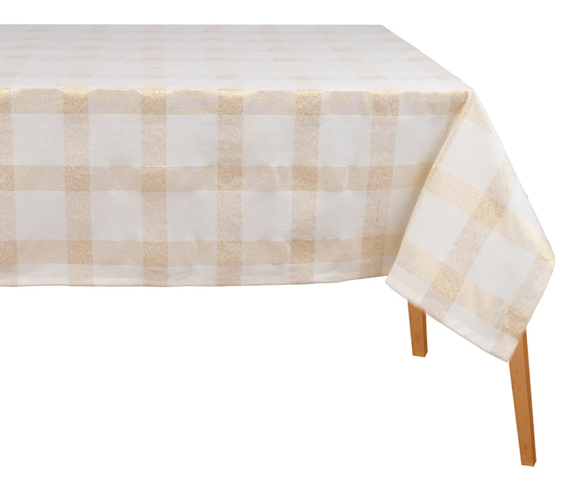 Beige and white plaid cotton tablecloth with subtle yellow highlights for rustic kitchen style Beige and white plaid cotton tablecloth with subtle yellow highlights for rustic kitchen style