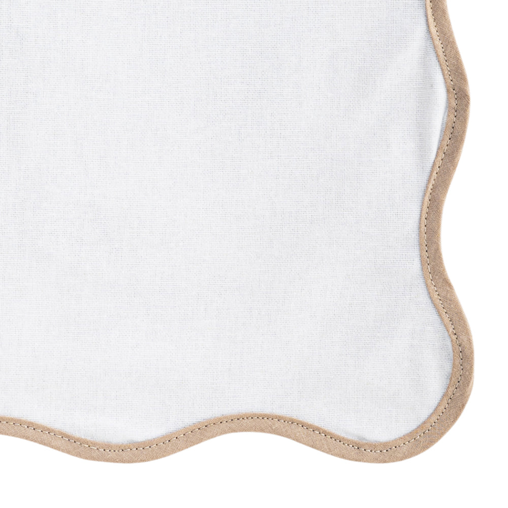 Machine-washable scalloped cloth napkins, durable for frequent use and easy to maintain. Machine-washable scalloped cloth napkins, durable for frequent use and easy to maintain.