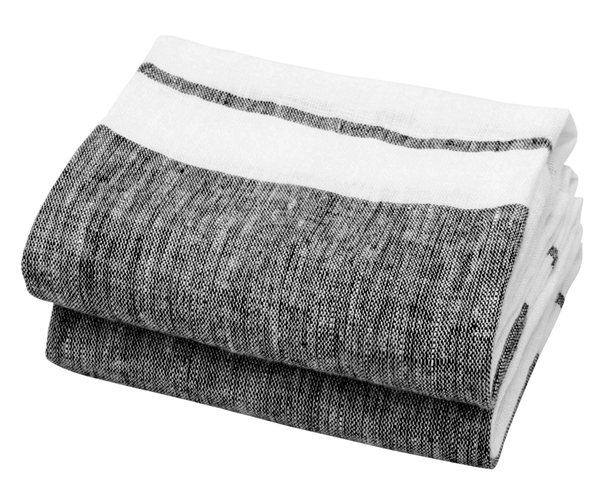 A set of two folded black Belgian linen tea towels with a white stripe on the edge. A set of two folded black Belgian linen tea towels with a white stripe on the edge.