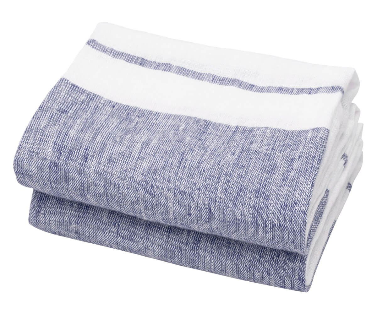 A set of two navy blue and white striped linen tea towels folded and placed on a surface. A set of two navy blue and white striped linen tea towels folded and placed on a surface.