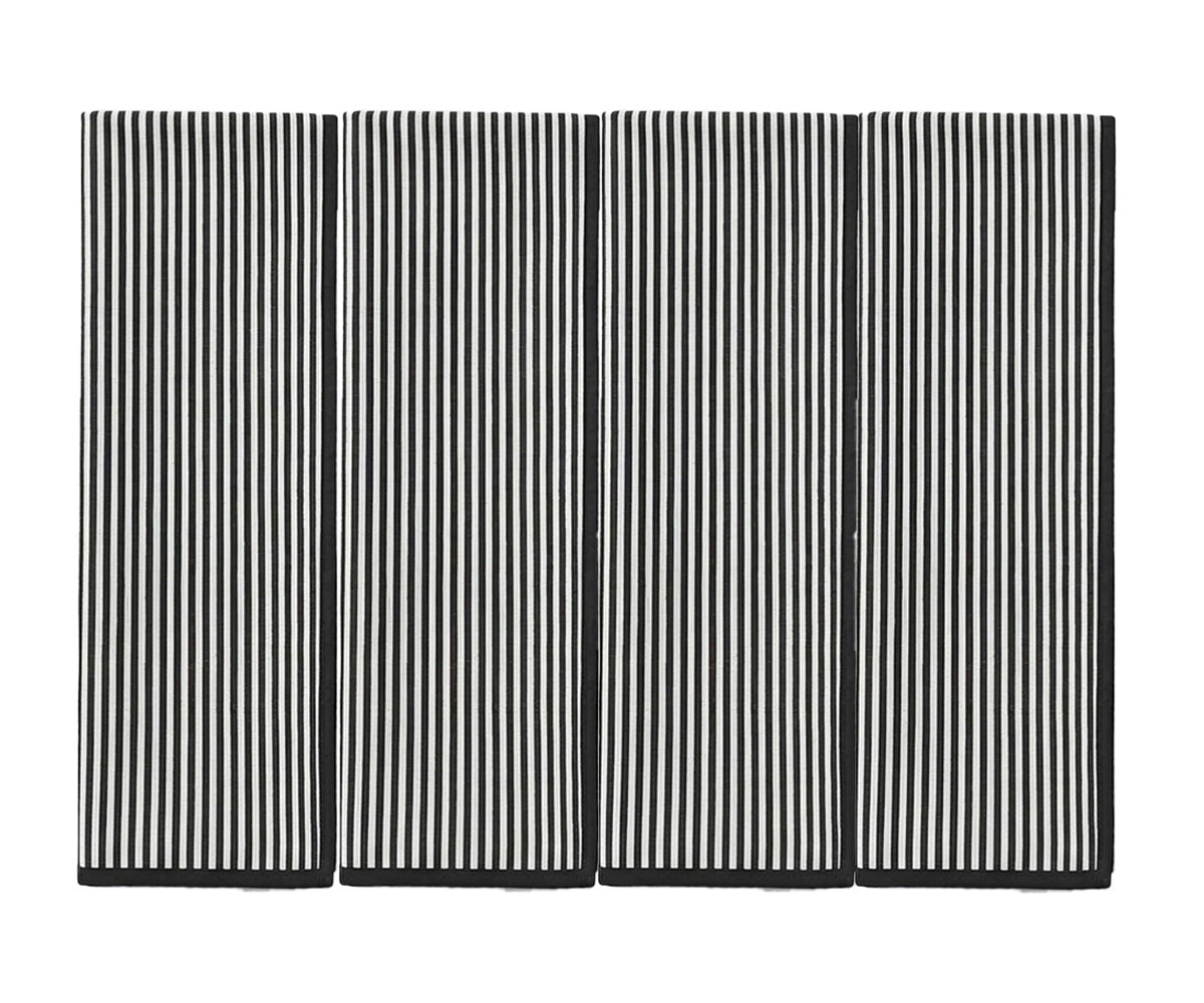 Black striped linen napkins set of 4 made from 100% linen, reusable cloth napkins with contrast piping for modern dining tables, formal dinners, weedings, and special occasions. Black striped linen napkins set of 4 made from 100% linen, reusable cloth napkins with contrast piping for modern dining tables, formal dinners, weedings, and special occasions.