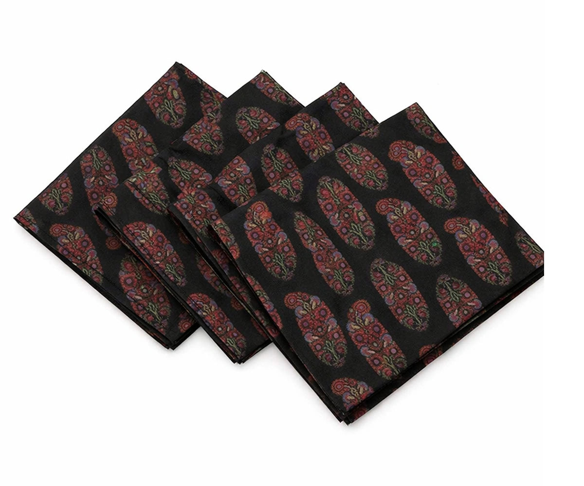 Black cotton cloth napkins with red and blue paisley block print design, set of patterned dinner napkins Black cotton cloth napkins with red and blue paisley block print design, set of patterned dinner napkins