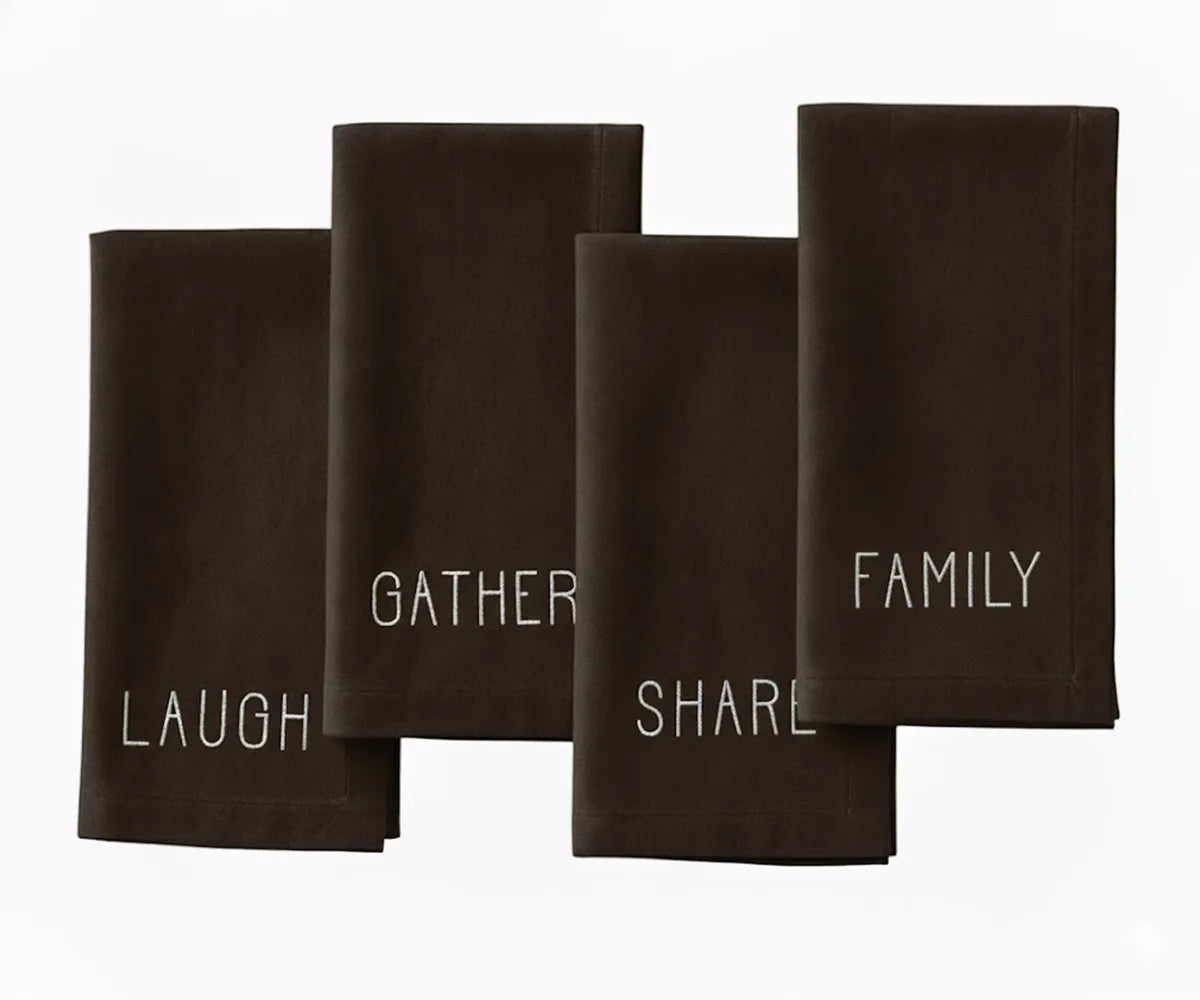 Brown embroidered napkin with white stitched words — warm, earthy cotton dinner napkin for cozy dining tables. Brown embroidered napkin with white stitched words — warm, earthy cotton dinner napkin for cozy dining tables.