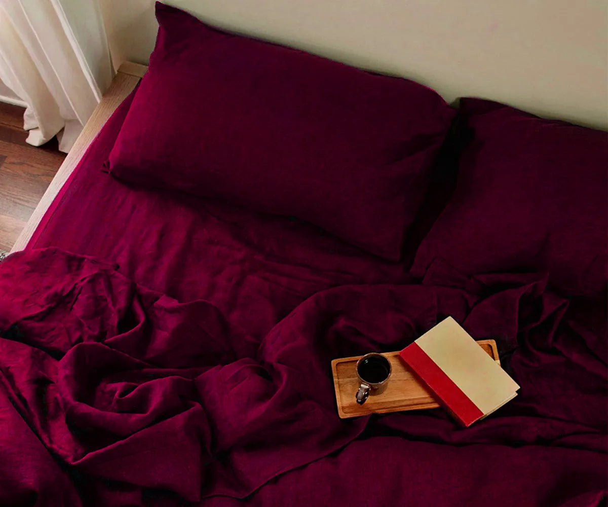Burgundy linen bedding set made from 100% natural linen, breathable and soft, includes fitted sheet, flat sheet, and pillowcases, available in Twin, Queen, and King sizes for luxurious and elegant bedroom décor. Burgundy linen bedding set made from 100% natural linen, breathable and soft, includes fitted sheet, flat sheet, and pillowcases, available in Twin, Queen, and King sizes for luxurious and elegant bedroom décor.