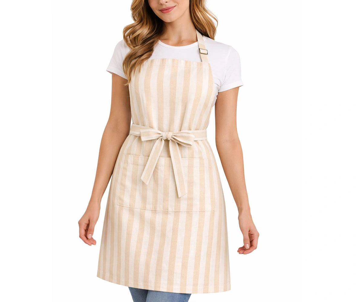 Beige and white striped cotton apron with waist tie Beige and white striped cotton apron with waist tie