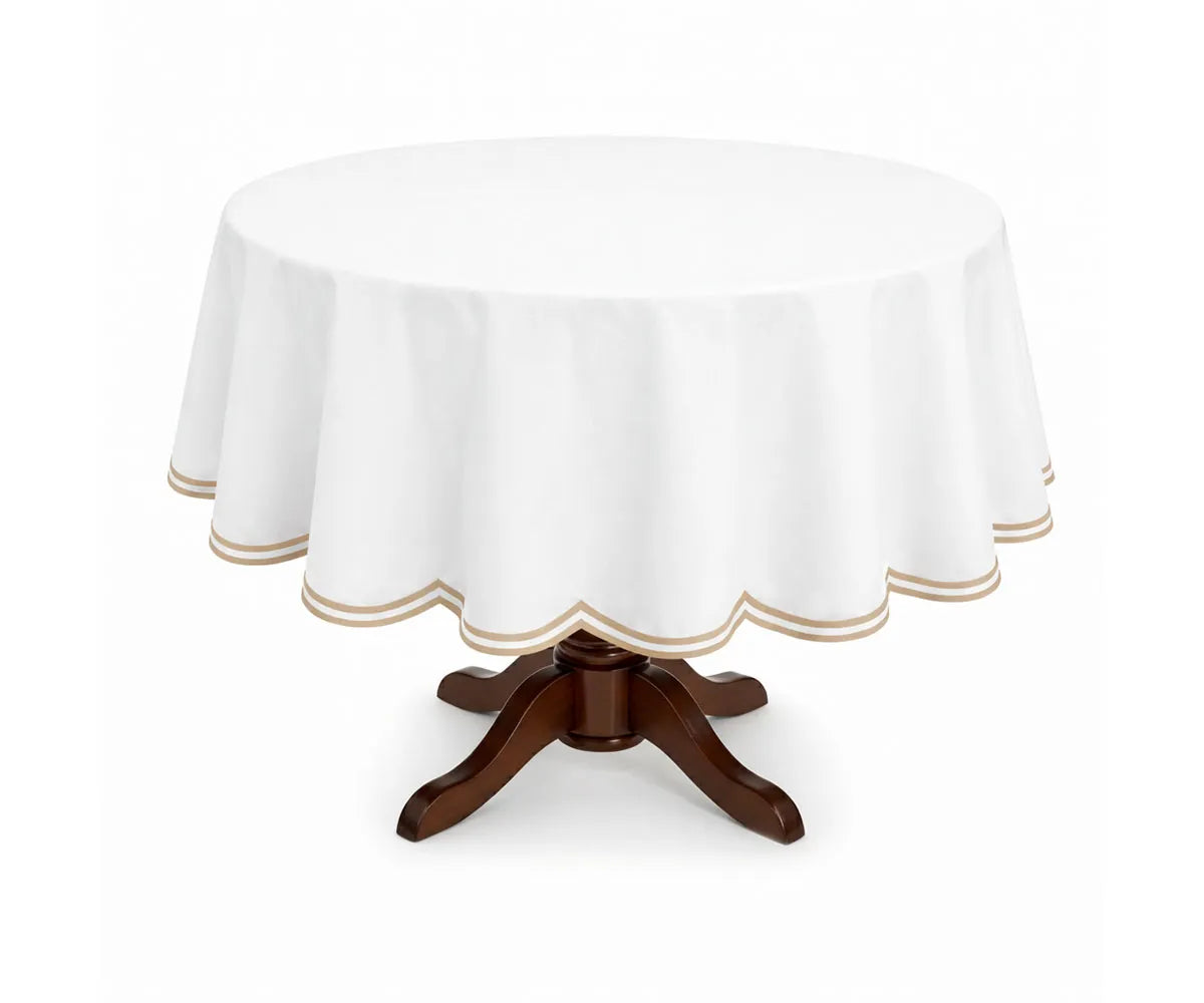 Beige round cotton tablecloth featuring a delicate double scalloped edge and soft cotton fabric. Designed to fit round tables beautifully, this neutral tablecloth complements farmhouse, classic, and everyday dining décor with a clean and elegant finish. Beige round cotton tablecloth featuring a delicate double scalloped edge and soft cotton fabric. Designed to fit round tables beautifully, this neutral tablecloth complements farmhouse, classic, and everyday dining décor with a clean and elegant finish.