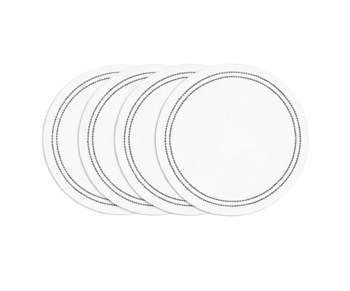 Round white cotton placemat with charcoal gray embroidery and pearl detail Round white cotton placemat with charcoal gray embroidery and pearl detail