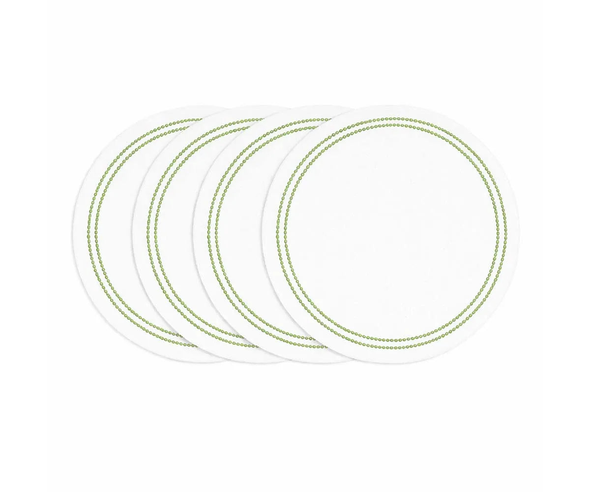Sage green embroidered round cotton placemat with pearl detail on white base Sage green embroidered round cotton placemat with pearl detail on white base