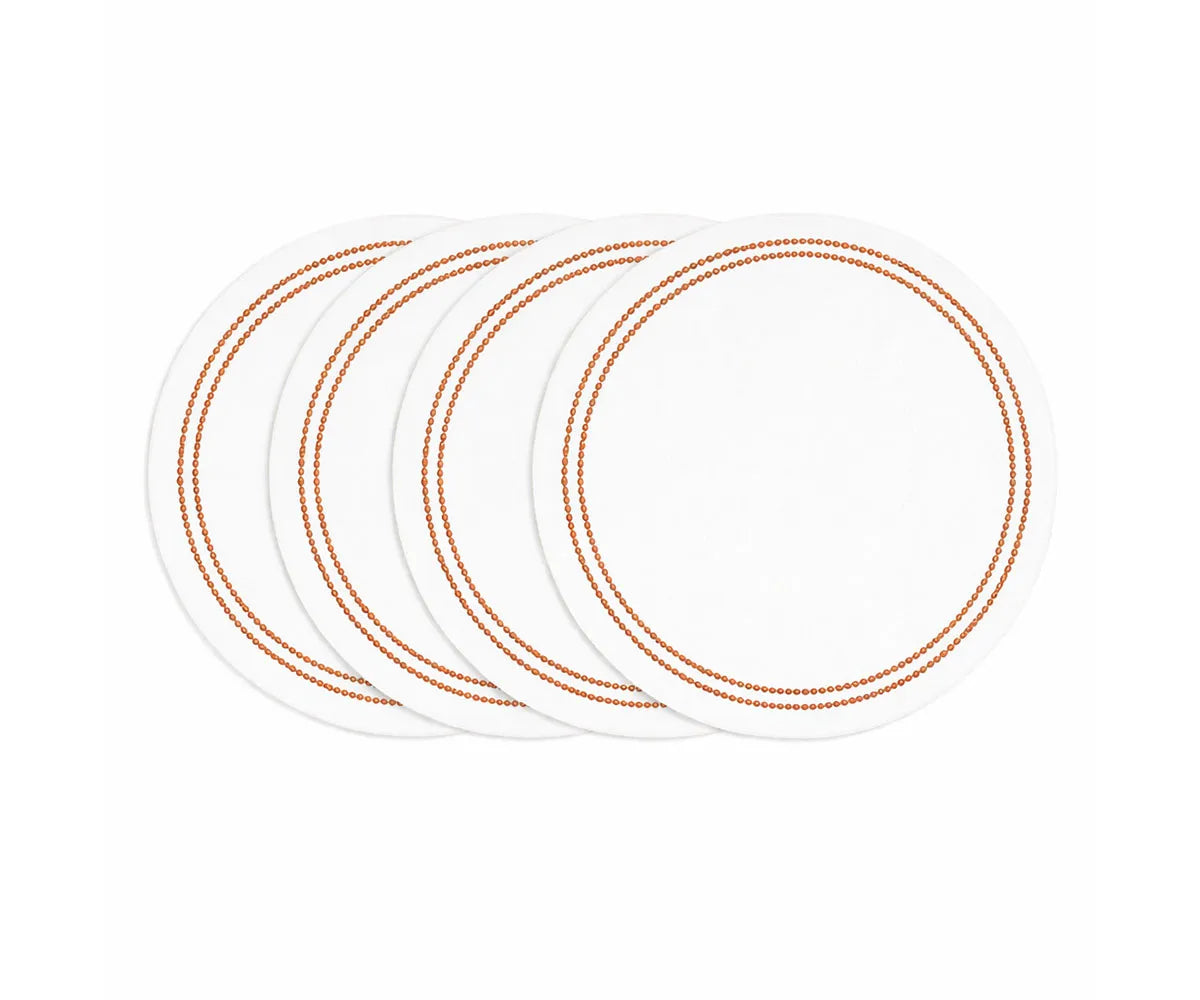 White round cotton placemat with terracotta embroidery and pearl detail on dining table White round cotton placemat with terracotta embroidery and pearl detail on dining table