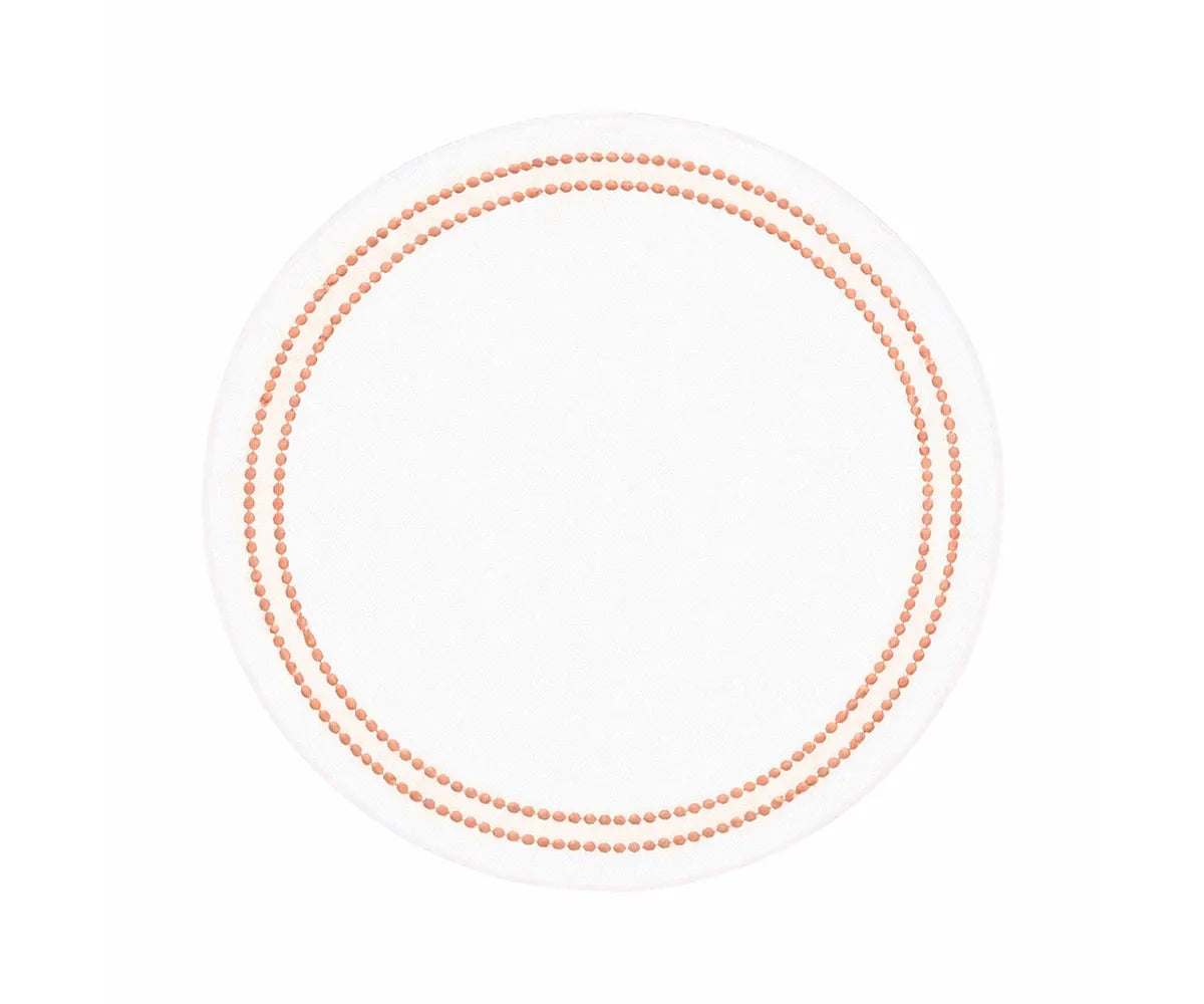 Embroidered terracotta round table mat set in cotton with decorative pearl accents Embroidered terracotta round table mat set in cotton with decorative pearl accents