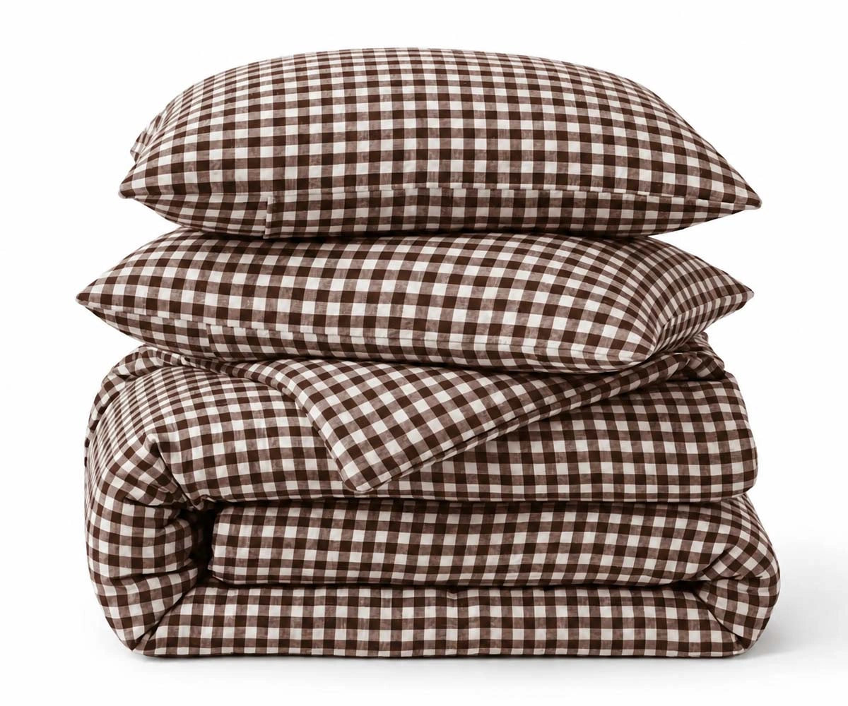Coffee brown and white gingham duvet cover set in European linen, cozy rustic bedding for bedrooms Coffee brown and white gingham duvet cover set in European linen, cozy rustic bedding for bedrooms