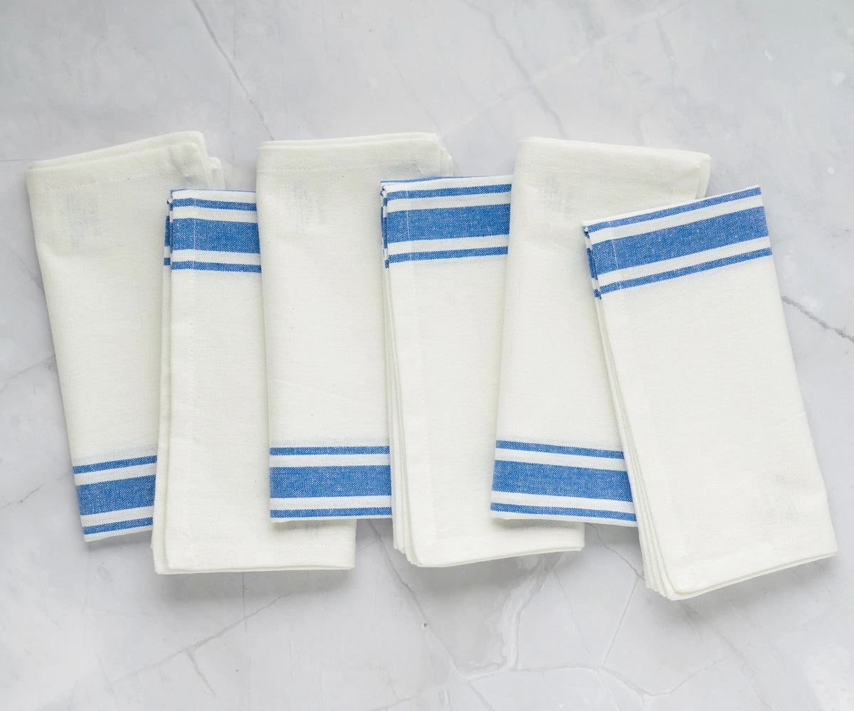 Set of 6 blue and white cotton napkins for dining and kitchen use Set of 6 blue and white cotton napkins for dining and kitchen use