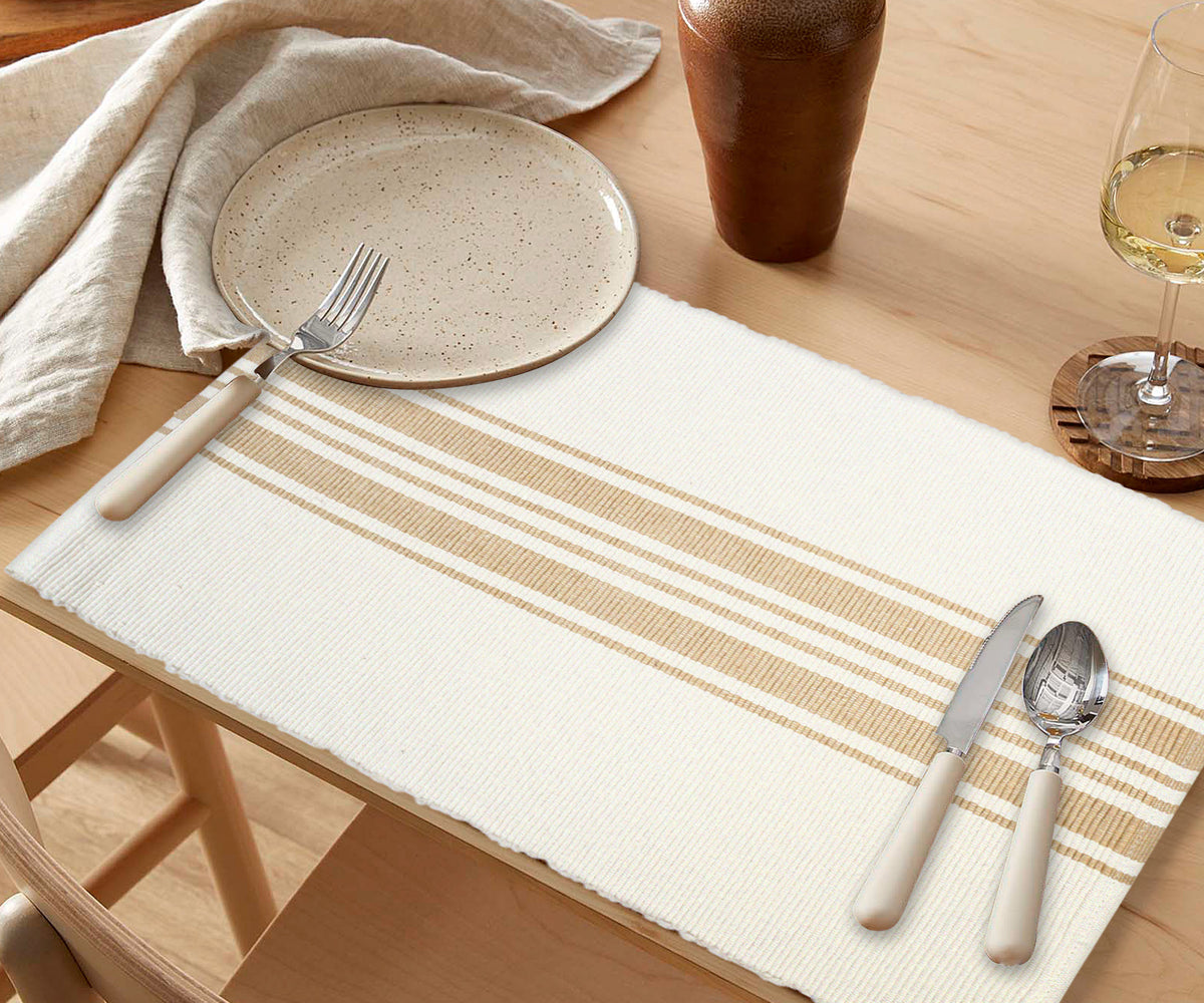 Beige autumn placemats made of cotton with stripes Beige autumn placemats made of cotton with stripes