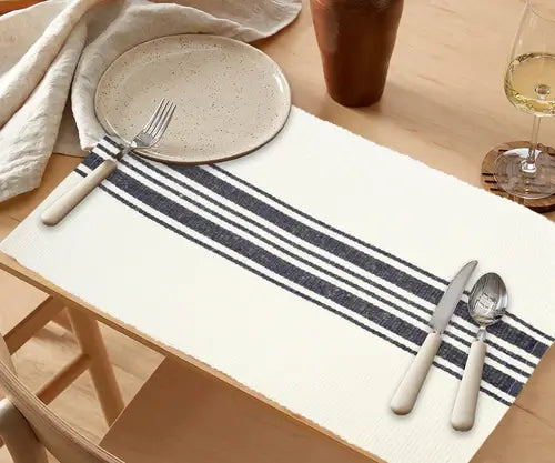Farmhouse style Navy Blue Country Striped Placemats, rolled and ready for use. Farmhouse style Navy Blue Country Striped Placemats, rolled and ready for use.