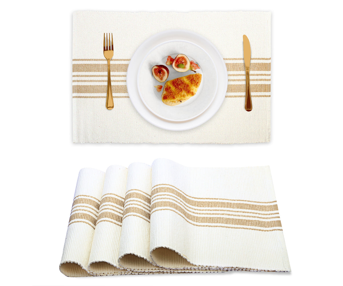 Washable beige country striped cotton placemats set Washable beige country striped cotton placemats set