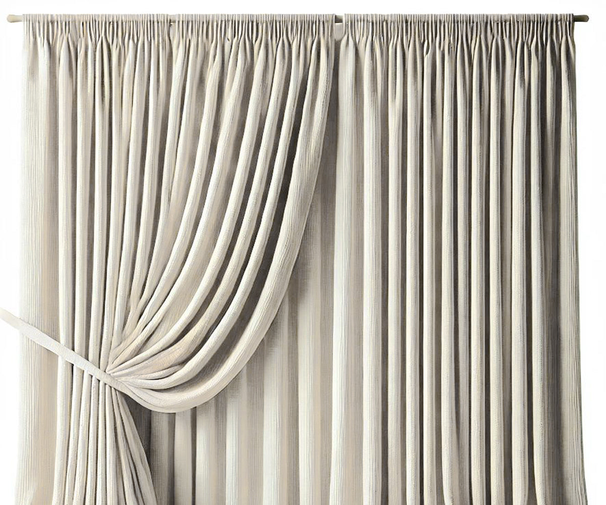 Natural curtains with tieback in bright living room window Natural curtains with tieback in bright living room window